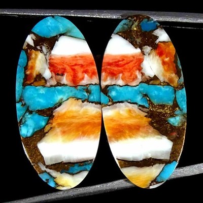 23.00Cts Orange Spiny Oyster Copper Turquoise Oval Pair Loose Gemstone
