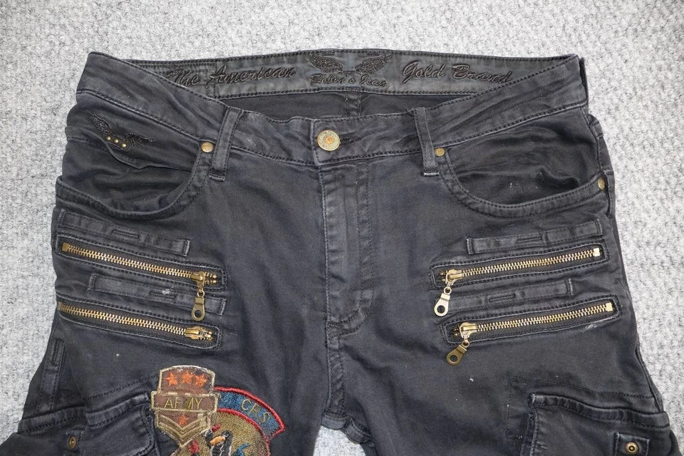 Pantalones de mezclilla Robin’s Jean para hombre 34x32 negros cargo retazos con cinturón estilo motociclista Foto 4 de 4