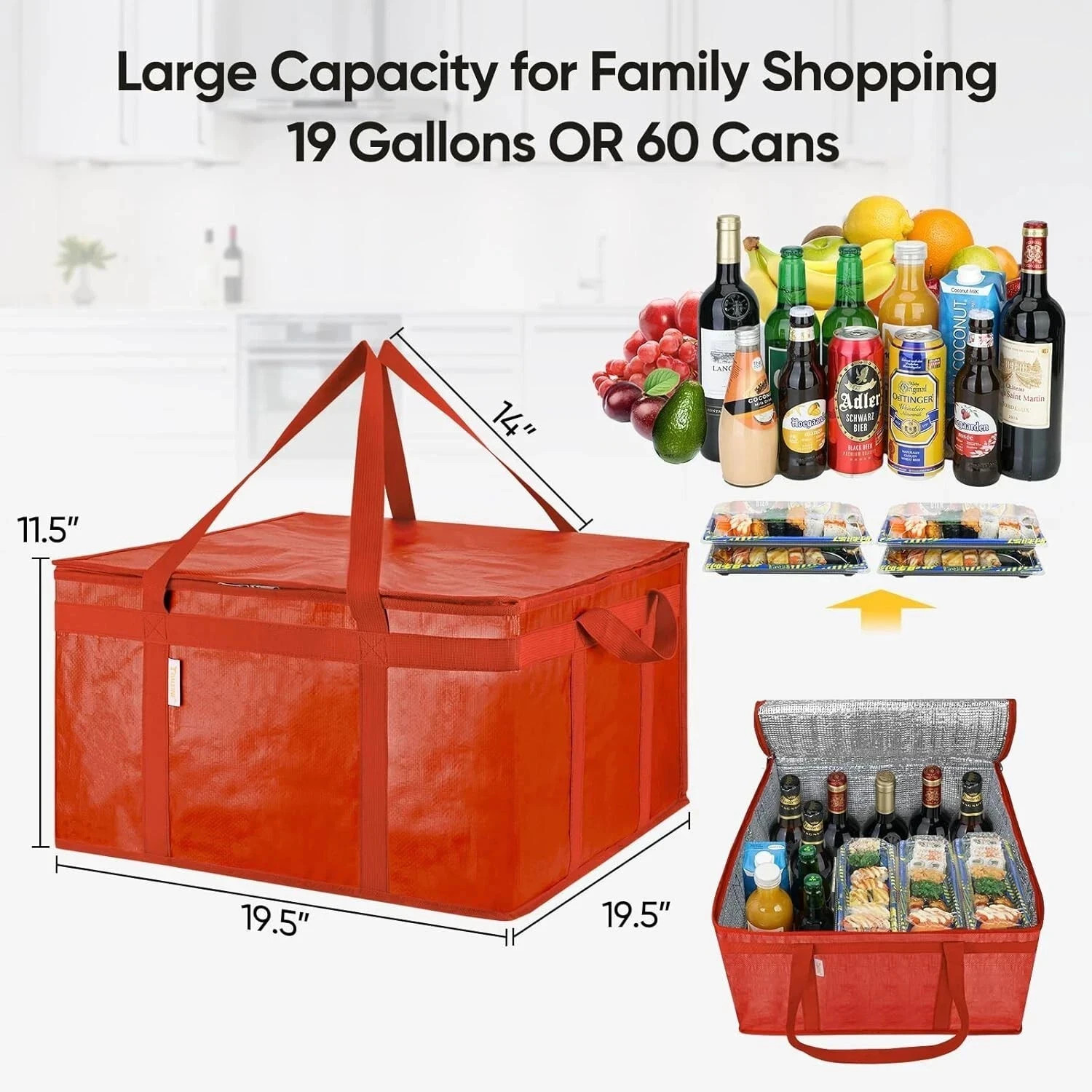 2Pk 2XL Insulated Reusable Grocery Bags, Collapsible Cooler Bag for Groceries
