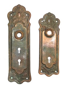 Pair of Antique Ornate 1800's  Bronze Escutcheon Door Knob Hardware Backplate