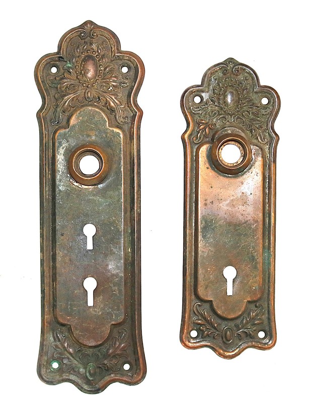Pair of Antique Ornate 1800's  Bronze Escutcheon Door Knob Hardware Backplate