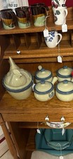 Vintage 83  Jacaman Pottery Rooster Soup Crocks w/Lids Set Blue Cream Stoneware