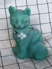 Fenton Cat-Bluish Green Matte Jadeite-HP Florals-VERY HARD TO FIND-Signed