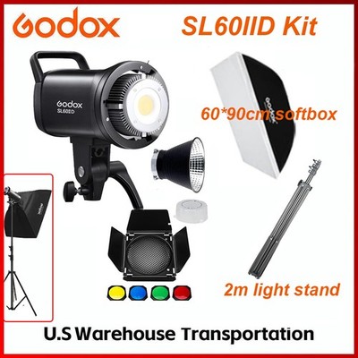 US Godox SL60IID COB LED Video Light+Barndoor+60*90cm Softbox+2m Light Stand Kit