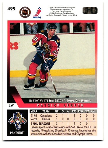 1993-94 Upper Deck #499 Patrick Lebeau, Florida Panthers - Picture 2 of 2