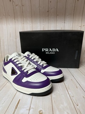 Prada Triangle Logo Leather Downtown Sneakers White-Purple Sz 8UK