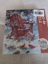 Cobble Hill Puzzle Winter Scene with Wooden Chair, Bird House, and Birds NIB