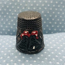 Vtg Portugal Embossed Plated Brass Thimble w/ Enamel Christmas Bells