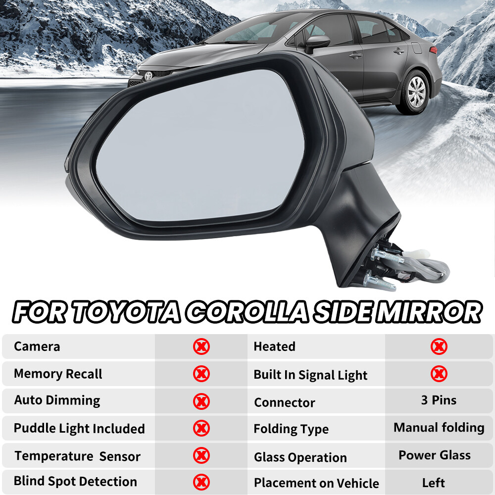 Left Side Black Power Heated Mirror for Toyota Corolla 2019-22 SE Manual Folding