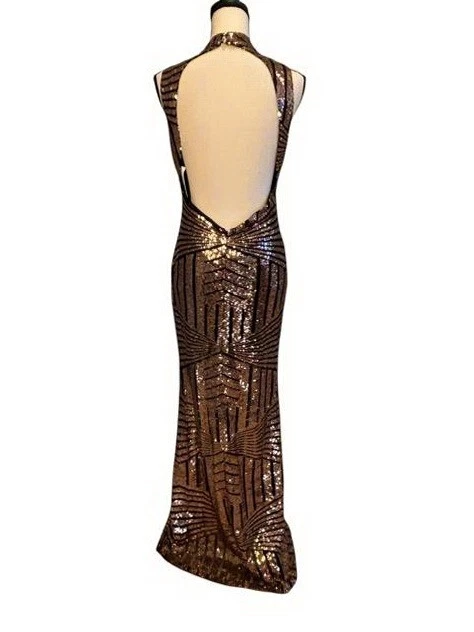 A'gaci Black Copper Sequin Embellished Illusion Open Back Gown Size 6 $299 - Image 2 of 3