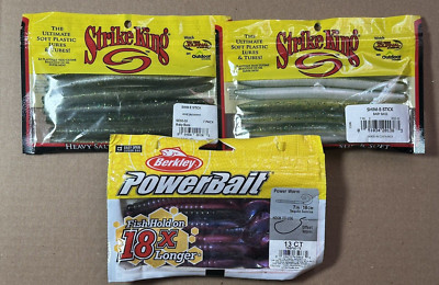  2x Strike King Shim E Stick & 1x Berkley Power Bait Power Worm Fishing Lures 