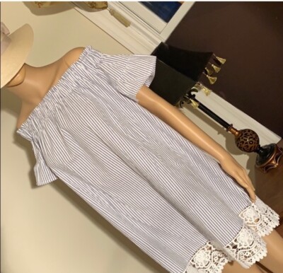 Loft Beach Blue & White Ticking Stripe Dress With Lace Bottom, Seersucker Sz. XS