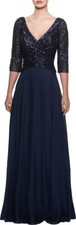 NWT La Femme Chiffon  Sequin A-Line Gown In Navy Blue Size 4 388