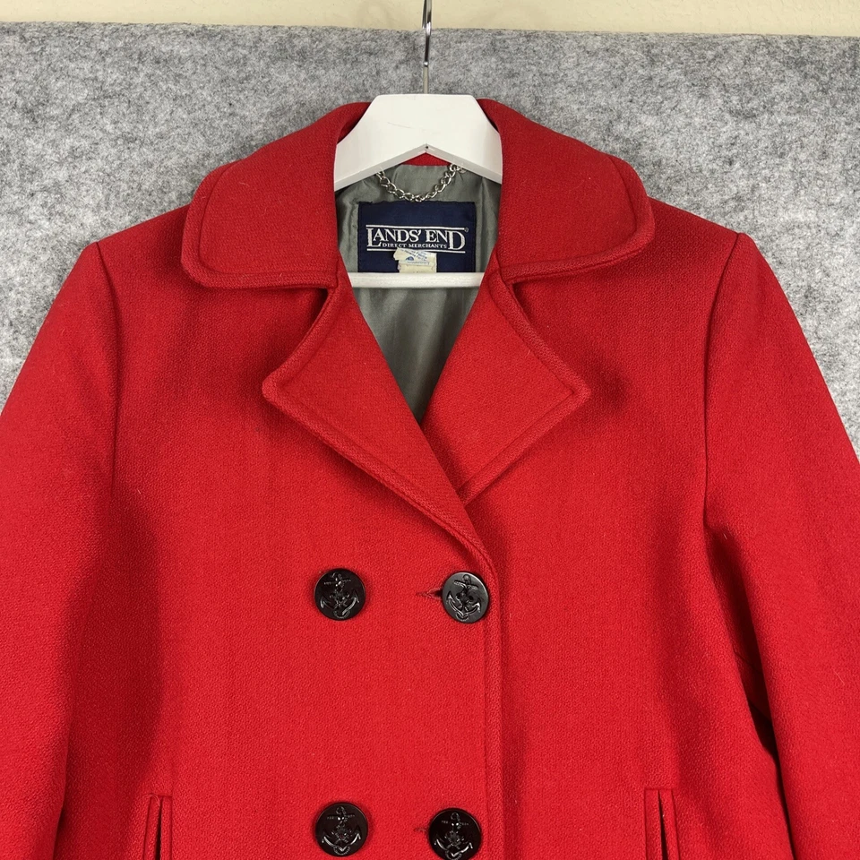 Abrigo Lands' End Mujer Talla 10 Guisante Lana Doble Pecho Rojo Ancla Botones Forrado Foto 2 de 4