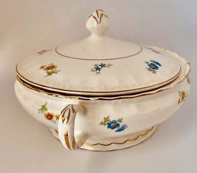 Pope Gosser  Pinafore Covered Vegetable Tureen.  Floral, & Brushed Gold Trim