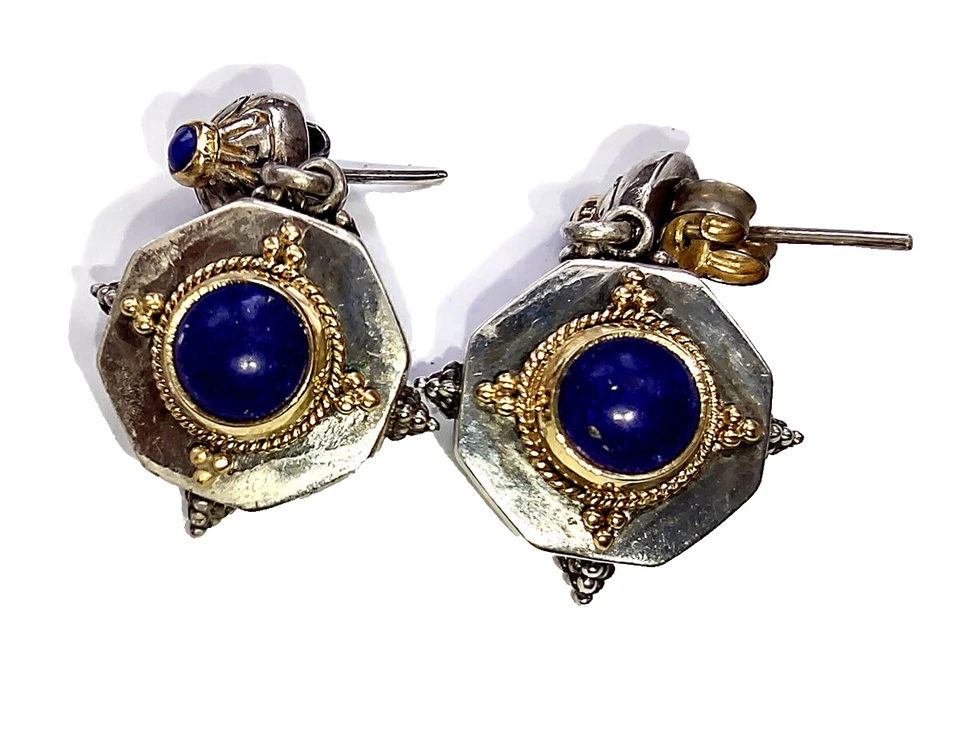 orecchini Grecia 1960 in argento sterling 925 con lapislazzuli e oro - vintage - Immagine 3 di 3