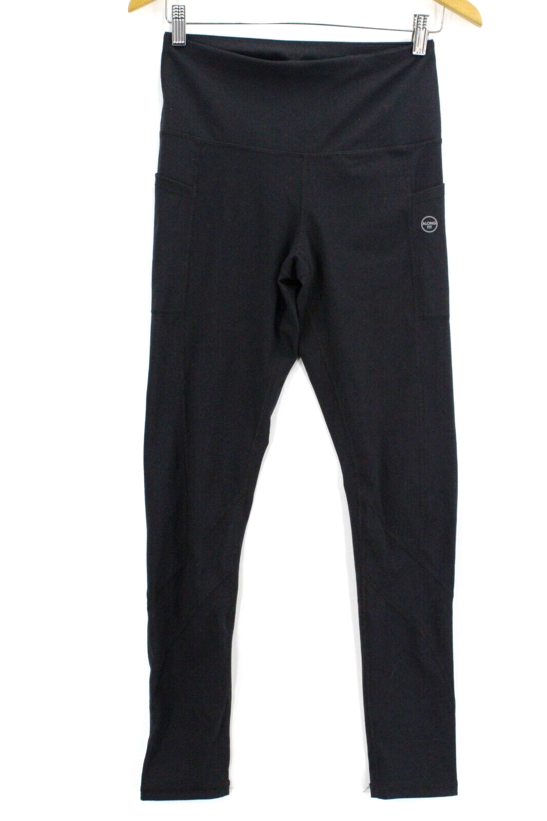 Along Fit Women's Yoga Black Leggings Side Pocket Reflective Stripe Size Medium