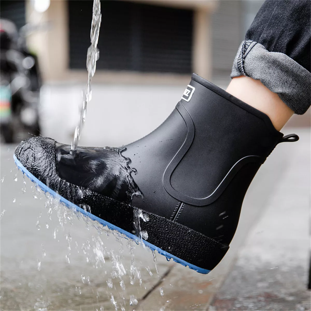 Black Rain Boots Men Long Anti Slip Waterproof Rubber Shoes Car