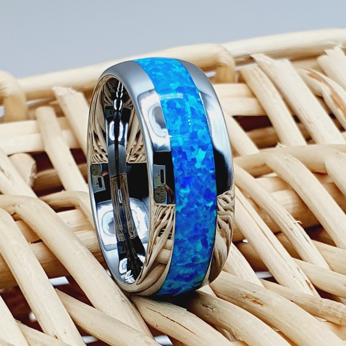 Men's Women's Tungsten Carbide Ring - Opalescent Blue Inlay Silver Polished Wedding Band, Scratch Resistant, Size 11.5