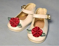 White Mary Jane Doll Shoes w/ Gold Tone Side Buckle with Flower - One 1 Pair