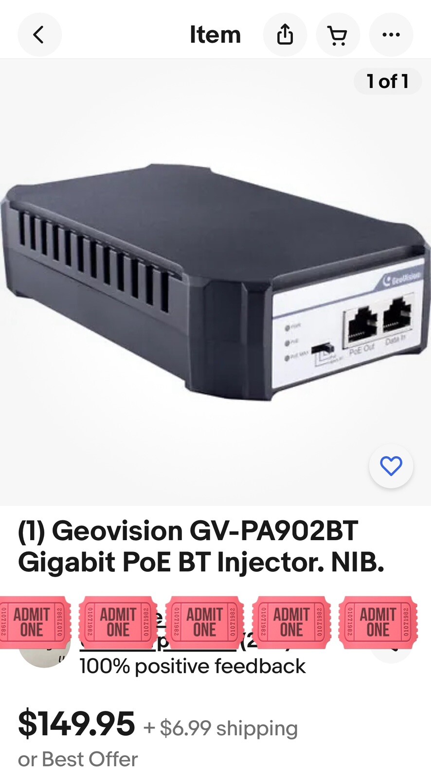 (1) Geovision Gigabit PoE BT Injector. NIB.