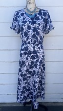 Talbots Satin Midi Dress 14 Blue White Blushing Roses Floral Ruffle Sleeves b3
