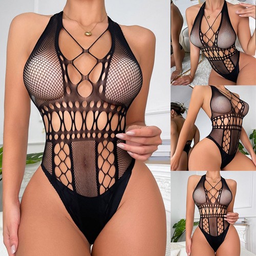 Women's Deep V Fishnet Hollow Bodysuit Sexy See Though Lingerie Clubwear - Picture 5 of 11