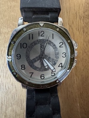 Justice Peace Sign girls quartz wristwatch black rubber band silver dial analog