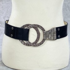 Chico's Wide Belt Womens M/L Black Leather Interlocking Textured Silver Buckle