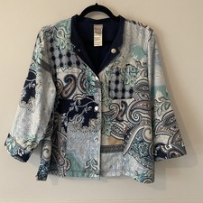Chicos 100 Linen Patchwork Mixed Paisley Print Jacket Size L 12/14 Artsy Boho