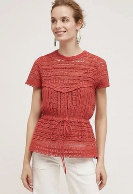 Anthropologie Carolina K Berenice S Red Crochet Eyelet Lace Blouse Top Tie Waist