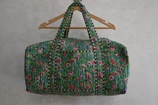 Green Floral Print Quilted Duffle Bag Indian Block Print Travel Bag Gym Yoga Bag