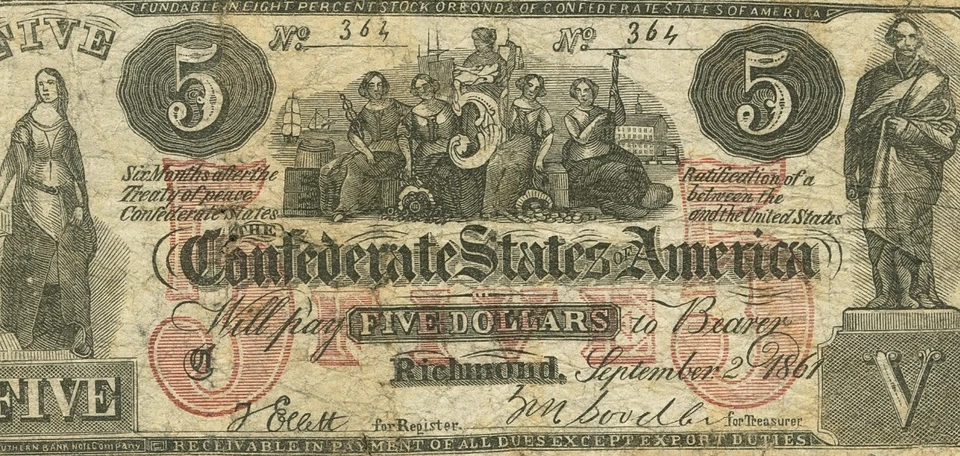 CT-31 $5 1861 Confederate States Civil War Contemporary Counterfeit Note PCGS VG - Image 4 of 4