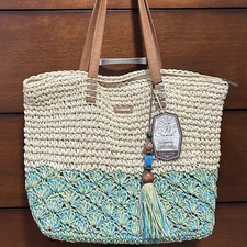 NWT Sun N Sand Slouchy Straw Crochet Tote Bag Two-Toned Large w/ Beaded Tassel