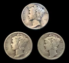 1944 P D S Mercury Dime Set 90% Silver Winged Liberty Head 10c WWII US Coins Lot