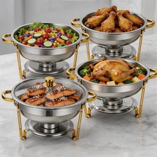 6QT Round Chafing Dish Buffet Set 4 Pack Stainless Steel Gold w/ Glass Lids