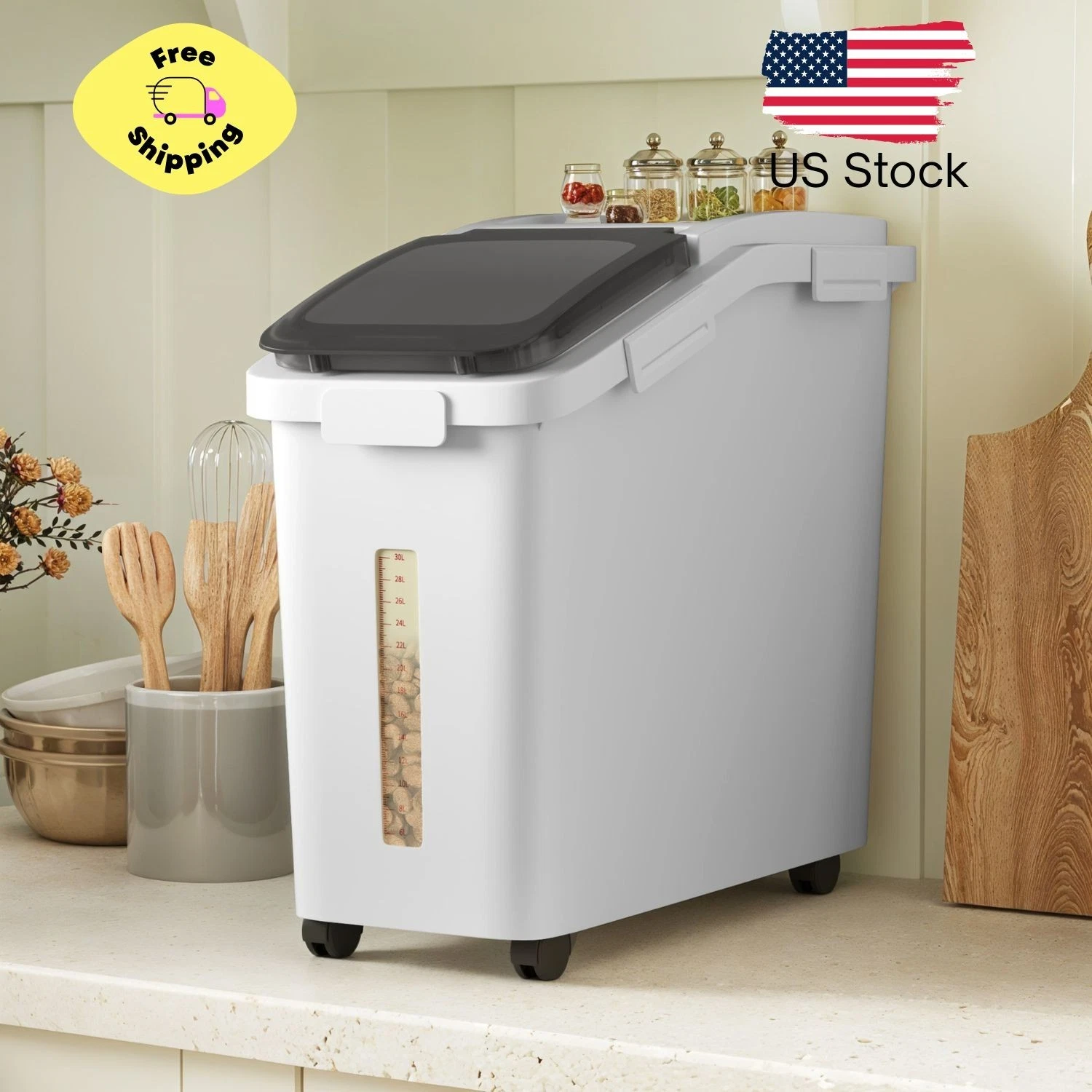 Rolling Food Storage Container with Clear Lid - 11.4 Gallon Capacity, White