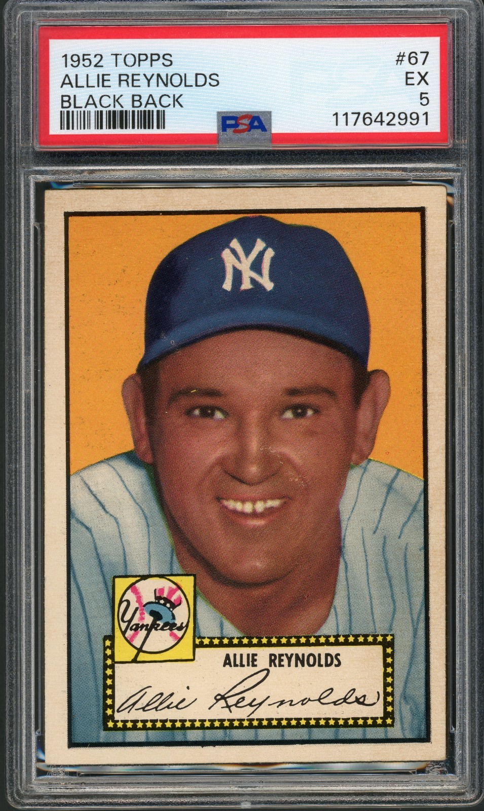 1952 Topps Allie Reynolds BLACK BACK #67 PSA 5 EX.  CENTERED!  JUST GRADED!