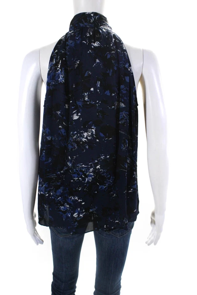 Blusa Top Halter Parker Para Mujer Abstracto Cuello Atado Azul Marino Seda Talla Pequeña Foto 3 de 4