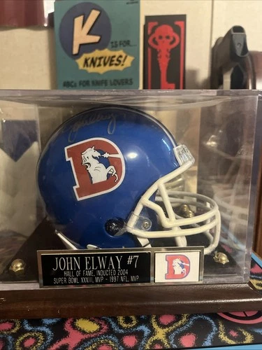 John Elway Autographed Mini Helmet In Case With Picture Of Signing!