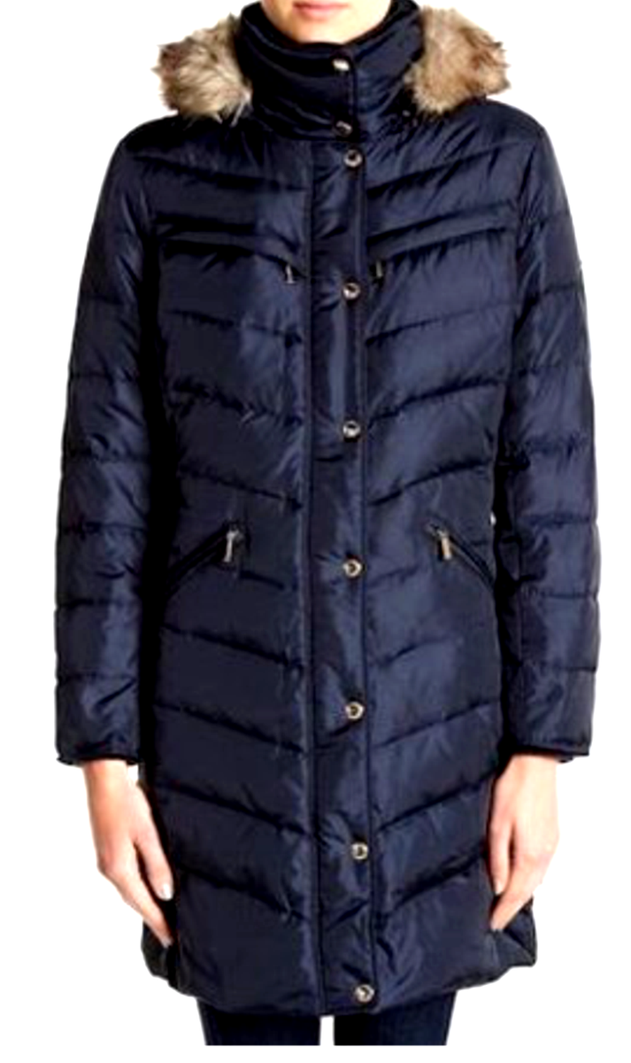 MICHAEL KORS Women Navy Blue DOWN Puffer Winter Coat Faux Fur Trim