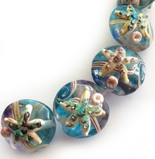 Handmade Lampwork Glass Lentil Bead Starfish Blue Sea Shell 19mm 4 beads  str 