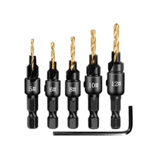 HSS COUNTERSINK Drill Bit 1/4" Hex Shank Wood Titanium Pilot Screw Hole Set