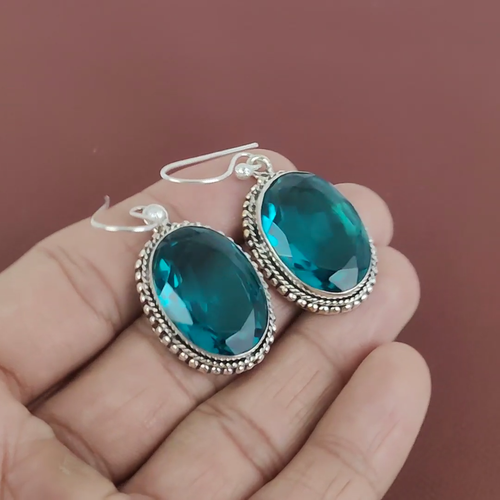 925 Silver Natural Indicolite Vintage Anniversary Dangle Drop Earrings Jewelry - Video 1 of 1