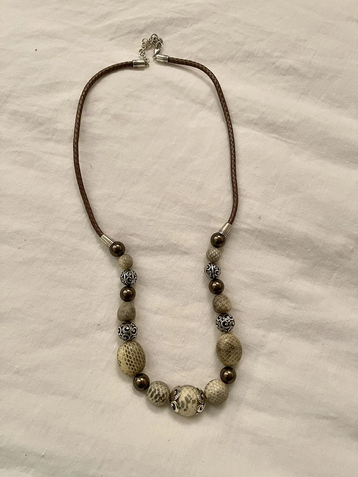 Brighton Long Beaded Leather Braided Necklace Silver Off White Ivory Cutout Bead
