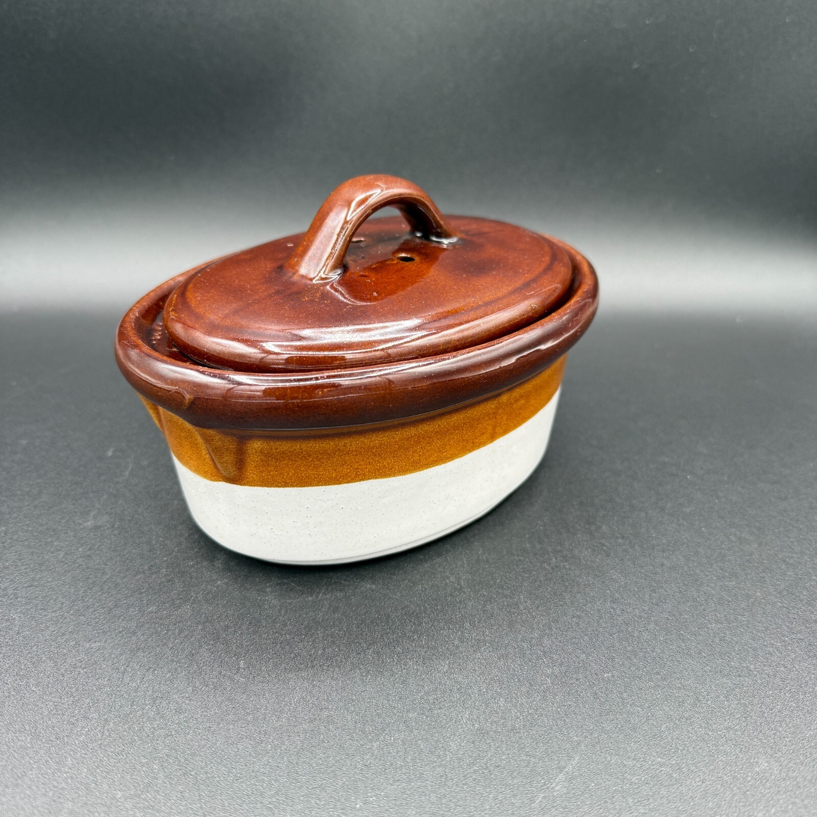 Vintage 3 Tone Pottery Oval Individual Casserole Small Baking Dish w/ Vented Lid