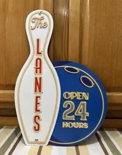 Bowling Sign Lanes Open 24 Hrs Lounge Ball Pins Alley Vintage Style Wall Decor