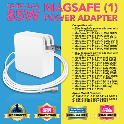 85W L-tip Mag--safe 1 Power Charger for Apple MacBook Pro 15'' 17'' 2008-2011 2012