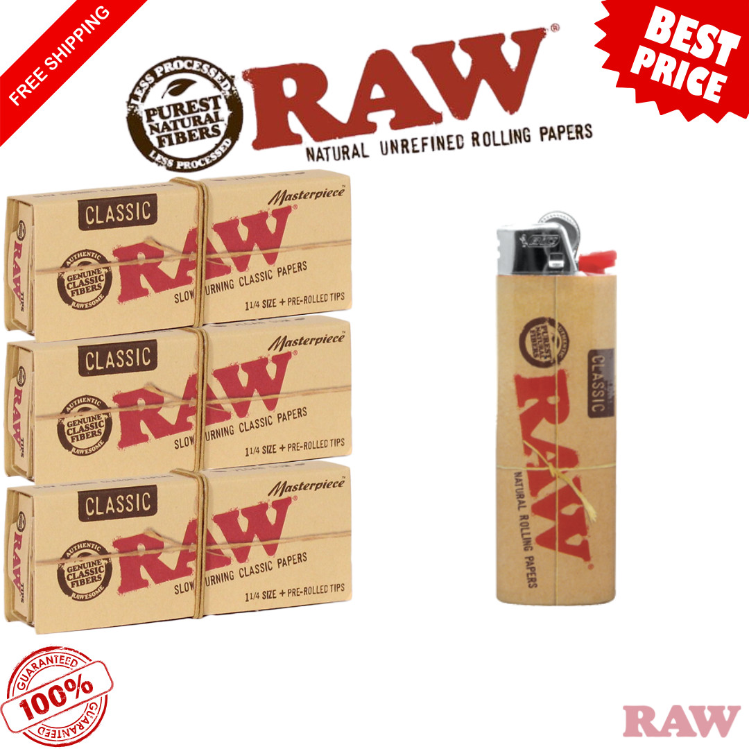 RAW Classic Masterpiece 1¼ Rolling Papers – 3 Pks + RAW BIC Lighter Rolling Set