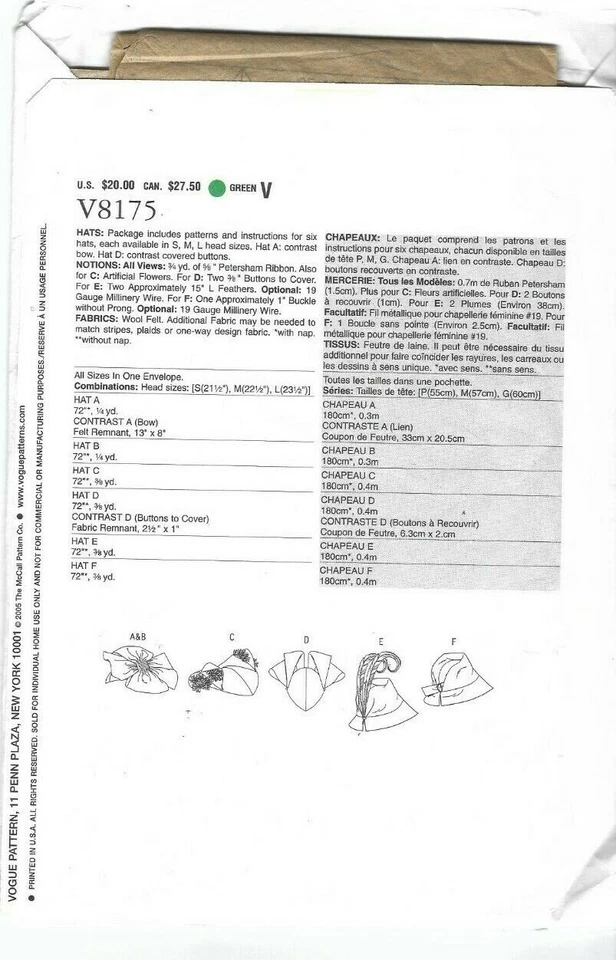 Vogue Sewing Pattern 8175, 6 Vintage Hats, Size S, M, L, Uncut RARE - Image 2 of 2